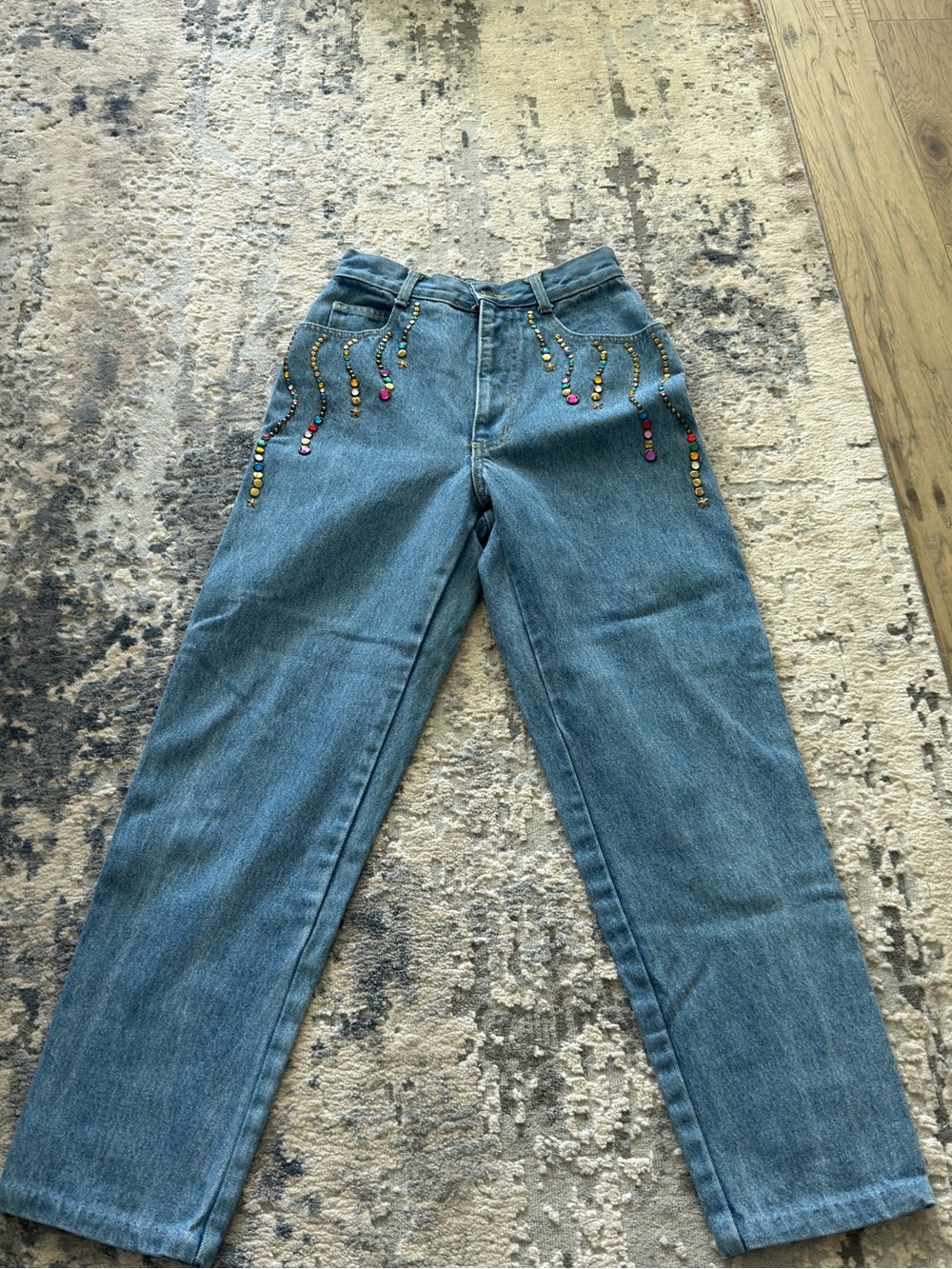Nique High-Rise Light Blue Jeans with Multicolor Bead Fringe